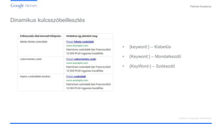 PartnerAcademy
• {keyword:} – Kisbetűs
• {Keyword:} – Mondatkezdő
• {KeyWord:} – Szókezdő
Dinamikus kulcsszóbeillesztés
Display hirdetések kialakítása
 