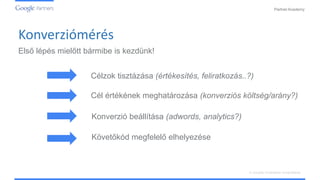PartnerAcademy
A vizuális hirdetések ismertetése
Konverziómérés
Első lépés mielőtt bármibe is kezdünk!
Cél értékének meghatározása (konverziós költség/arány?)
Célzok tisztázása (értékesítés, feliratkozás..?)
Konverzió beállítása (adwords, analytics?)
Követőkód megfelelő elhelyezése
 