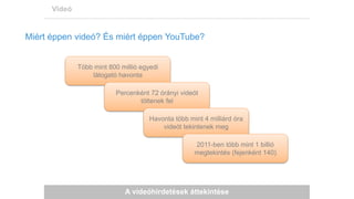 A videóhirdetések áttekintése
Videó
Miért éppen videó? És miért éppen YouTube?
Több mint 800 millió egyedi
látogató havonta
Percenként 72 órányi videót
töltenek fel
Havonta több mint 4 milliárd óra
videót tekintenek meg
2011-ben több mint 1 billió
megtekintés (fejenként 140)
 