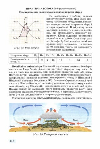 ПРАКТИЧНА РОБОТА № 8 (продовження)
Спостереження за погодою: складання рози вітрів
За наведеними у таблиці даними
побудуйте розу вітрів. Для цього спо­
чатку намалюйте координати, вказав­
ши чотири основні напрямки вітру і
чотири проміжні. В обраному вами
масштабі відкладіть кількість відріз­
ків, що відповідають кожному на­
прямку. Кінці відрізків послідовно
з’єднайте між собою. Отриману розу
вітрів зафарбуйте і вкажіть, який на­
прямок вітру переважав. На малюн­
ку 98 зверніть увагу, як позначають
вітри різних напрямків.
Напрямок вітру Пд Пн Сх Зх Пн-Сх Пн-Зх Пд-Сх Пд-Зх
Повторюваність
вітру, % 10 20 4 10 12 8 ЗО 6
Постійні та змінні вітри. На земній кулі немає жодного безвітря­
ного місця. Існує безліч різних типів вітрів. Євітри, які дмуть постій­
но, а є такі, що змінюють свій напрямок протягом доби або року.
Постійні вітри - пасати - виникають між тропічним високим та ек­
ваторіальним низьким поясами атмосферного тиску у Північній і
Південній півкулях Землі (мал. 99). Завдяки обертанню земної кулі
пасати у Північній півкулі переміщуються з північного сходу на пів­
денний захід, а у Південній - з південного сходу на північний захід.
Пасати майже не змінюють свого напрямку протягом року. їхня
швидкість становить у середньому 5-6 м/с, а вертикальна потужність
сягає 2-4 км і збільшується в напрямку до екватора.
Упомірних широтах дмуть західні вітри. Вони також є постійними.
т Пасат
Північ
Мал. 99. Утворення пасатів
1118
Мал. 98. Роза вітрів
 