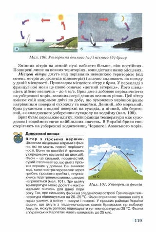 Мал. 100. Утворення денного (а ) і нічного (б) бризу
Змінних вітрів на земній кулі набагато більше, ніж постійних.
Поширені лише на певних територіях, вони дістали назву місцевих.
Місцеві вітри дмуть над порівняно невеликою територією (від
сотень метрів до десятків кілометрів) і значно впливають на погоду
у даній місцевості. Прикладом місцевого вітру є бриз. У перекладі з
французької мови це слово означає «легкий вітерець». Його швид­
кість дійсно незначна - до 4 м/с. Бриз дме з добовою періодичністю
на узбережжі морів, великих озер і деяких великих річок. Цей вітер
змінює свій напрямок двічі на добу, що зумовлено нерівномірним
нагріванням поверхні суходолу та водойми. Денний, або морський,
бриз рухається з водної поверхні на суходіл, а нічний, або берего­
вий, з охолодженого узбережжя суходолу на водойму (мал. 100).
Бриз буває переважно влітку, коли різниця температури між сухо­
долом і водоймою сягає найбільших значень. В Україні бризи спо­
стерігають на узбережжі водосховищ, Чорного і Азовського морів.
~ Дивовижні явища_____________
Вітер з гірських вершин.
Цікавими місцевими вітрами є фьо-
ни, які не мають певної періодич­
ності. Вони не постійні й тривають
у середньому від однієї до двох діб.
Фьон - це сильний, поривчастий,
сухий і теплий вітер, що дме з гірсь­
ких вершин у долини. Він виникає
тоді, коли повітря перевалює через
гребінь гірського хребта і, опуска­
ючись підвітряним схилом, швидко
нагрівається (мал. 101). При цьому
температура може досягти макси- Мал. 101. Утворення фьонів
мальних значень для даної пори
року. Так, при сильному фьоні на зледенілому острові Ґренландія тем­
пература підвищується на 20-25 °С. Фьон спричиняє танення снігу в
горах узимку, а влітку - посухи і пожежі. У гірських районах України
фьони, що дмуть з південно-східних схилів Кримських гір поблизу
Алушти, можуть раптово підвищувати тут температуру до 28 °С. Фьони
в Українських Карпатах мають швидкість до 25 м/с.
119
 