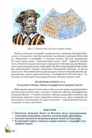 Мал. 7. Птолемей та його карта світу
Період античної географії завершується працями Клавдія Пто-
лемея «Альмагест» (де він запевняє, що Земля є центром Всесвіту)
та «Порадник з географії» у восьми книгах. До них додавалося
27 карт, одна з яких - загальна карта світу, інші - окремих частин
світу. Вчений поділяв погляди стародавніх мислителів про безлюд­
ність приекваторіальних територій. На його карті Індійський океан
був обмежений з півдня невідомою Південною Землею. А ще на
карті світу ГІтолемей застосував градусну сітку й показав багато різ­
номанітних, навіть фантастичних, географічних об’єктів (мал. 7).
Суходіл на цій карті охоплював більшу частину земної ісулі.
ПРАКТИЧНА РОБОТА № 2
Складання таблиці «Етапи географічного пізнання Землі»
Щоб краще запам’ятати дати і нові для вас імена мандрівників і
дослідників різних епох, складіть таблицю «Етапи географічного
пізнання Землі». У першу колонку таблиці записуйте століття, що
відповідає певному етапу вивчення земної кулі, дату подорожі чи
експедиції, її учасників, а в другу колонку - стисло результати до­
сліджень та їхнє значення.
ПІДСУМКИ
• Початком пізнання Землі та Всесвіту були спостереження
і висновки вавилонян, єгиптян, месопотамців, фінікійців.
• Античні мислителі визначили форму Землі та її розміри.
• В античний період з’явилися перші книжки з географії і гео­
графічні карти.
12
 