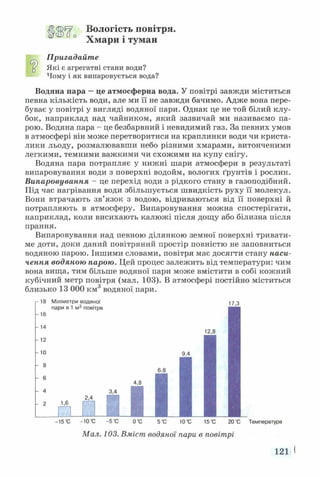 Вологість повітря.
Хмари і туман
Пригадайте
“ Які є агрегатні стани води?
Чому і як випаровується вода?
Водяна пара —це атмосферна вода. У повітрі завжди міститься
певна кількість води, але ми її не завжди бачимо. Адже вона пере­
буває у повітрі у вигляді водяної пари. Однак це не той білий клу­
бок, наприклад над чайником, який зазвичай ми називаємо па­
рою. Водяна пара - це безбарвний і невидимий газ. За певних умов
в атмосфері він може перетворитися на краплинки води чи криста­
лики льоду, розмалювавши небо різними хмарами, витонченими
легкими, темними важкими чи схожими на купу снігу.
Водяна пара потрапляє у нижні шари атмосфери в результаті
випаровування води з поверхні водойм, вологих ґрунтів і рослин.
Випаровування - це перехід води з рідкого стану в газоподібний.
Під час нагрівання води збільшується швидкість руху її молекул.
Вони втрачають зв’язок з водою, відриваються від її поверхні й
потрапляють в атмосферу. Випаровування можна спостерігати,
наприклад, коли висихають калюжі після дощу або білизна після
прання.
Випаровування над певною ділянкою земної поверхні тривати­
ме доти, доки даний повітряний простір повністю не заповниться
водяною парою. Іншими словами, повітря має досягти стану наси­
чення водяною парою. Цей процес залежить від температури: чим
вона вища, тим більше водяної пари може вмістити в собі кожний
кубічний метр повітря (мал. 103). В атмосфері постійно міститься
близько 13 000 км3 водяної пари.
18 Міліметри водяної
пари в 1 м3 повітря
16
14
12
10
8
6
- 4
- 2
17,3
1,6
2,4
13,4
■
-15 ‘С —10"С -5'С 0 ‘С 5*С 10'С 15‘С 20 *С Температура
Мал. 103. Вміст водяної пари в повітрі
121
 