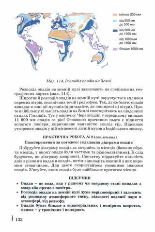 менше 250 мм
від 250 мм
до 500 мм
від 500 мм
до 1000 мм
від 1000 мм
до 1500 мм
більше 1500 мм
Мал. 114. Розподіл опадів на Землі
Розподіл опадів на земній кулі зазначають на спеціальних гео­
графічних картах (мал. 114).
Ш иротний розподіл опадів на земній кулі порушується впливом
окремих вітрів, океанічних течій і рельєфом. Так, дуже багато опадів
випадає в зоні дії мусонів (пригадайте, де поширені ці вітри). Про­
те найбільшу кількість опадів на Землі спостерігають на південних
схилах Гімалаїв. Тут у містечку Черапунджі у середньому випадає
11 000 мм опадів за рік! Основною причиною цього є підняття
вологого повітря, спричинене наявністю схилів гір. Підсилює
утворення опадів у цій місцевості літній мусон з Індійського океану.
ПРАКТИЧНА РОБОТА № 8 (закінчення)
Спостереження за погодою: складання діаграми опадів
Побудуйте діаграму опадів за котрийсь із місяців (бажано обра­
ти місяць, у якому опади були частими та різноманітними). Її слід
будувати, як діаграму хмарності. Спочатку підрахуйте кількість
днів з різними видами опадів, потім відкладіть кожний з них окре­
мим стовпчиком. Для цього скористайтеся умовними знаками
опадів. З ’ясуйте, яких опадів було найбільше протягом місяця.
ПІДСУМКИ
о Опади —це вода, яка у рідкому чи твердому стані випадає з
хмар або прямо з повітря,
о Розподіл опадів на земній кулі дуже нерівномірний і залежить
від розподілу атмосферного тиску, кількості водяної пари в
атмосфері, від рельєфу,
о Опадів буває більше в екваторіальних і помірних широтах,
менше —у тропічних і полярних.
| 132
 