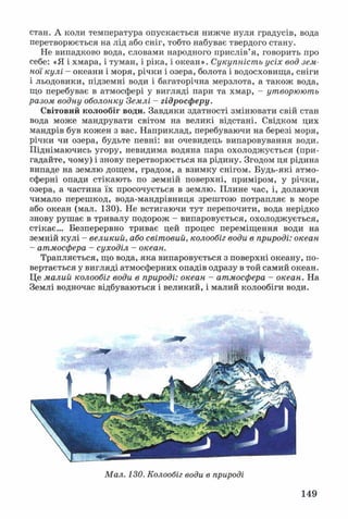 стан. А коли температура опускається нижче нуля градусів, вода
перетворюється на лід або сніг, тобто набуває твердого стану.
Не випадково вода, словами народного прислів’я, говорить про
себе: «Я і хмара, і туман, і ріка, і океан». Сукупність усіх вод зем­
ної кулі - океани і моря, річки і озера, болота і водосховища, сніги
і льодовики, підземні води і багаторічна мерзлота, а також вода,
що перебуває в атмосфері у вигляді пари та хмар, - утворюють
разом водну оболонку Землі - гідросферу.
Світовий колообіг води. Завдяки здатності змінювати свій стан
вода може мандрувати світом на великі відстані. Свідком цих
мандрів був кожен з вас. Наприклад, перебуваючи на березі моря,
річки чи озера, будьте певні: ви очевидець випаровування води.
Піднімаючись угору, невидима водяна пара охолоджується (при­
гадайте, чому) і знову перетворюється на рідину. Згодом ця рідина
випаде на землю дощем, градом, а взимку снігом. Будь-які атмо­
сферні опади стікають по земній поверхні, приміром, у річки,
озера, а частина їх просочується в землю. Плине час, і, долаючи
чимало перешкод, вода-мандрівниця зрештою потрапляє в море
або океан (мал. 130). Не встигаючи тут перепочити, вода нерідко
знову рушає в тривалу подорож - випаровується, охолоджується,
стікає... Безперервно триває цей процес переміщення води на
земній кулі - великий, або світовий, колообіг води в природі: океан
- атмосфера - суходіл - океан.
Трапляється, що вода, яка випаровується з поверхні океану, по­
вертається у вигляді атмосферних опадів одразу в той самий океан.
Це малий колообіг води в природі: океан - атмосфера - океан. На
Землі водночас відбуваються і великий, і малий колообіги води.
Мал. 130. Колообіг води в природі
149
 