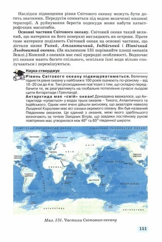 Наслідки підвищення рівня Світового океану можуть бути до­
сить значними. Передусім опиняться під водою величезні низинні
території. А руйнування берегів подекуди може набути катаст­
рофічних масштабів.
Основні частини Світового океану. Світовий океан такий вели­
кий, що материки на його поверхні виглядають як острови. Проте
саме материки поділяють Світовий океан на основні частини, що
дістали назви Тихий, Атлантичний, Індійський і Північний
Льодовитий океани. (За малюнком 131 порівняйте площі океанів
Землі.) Кожний з океанів має свої природні особливості. Водночас
усі океани мають багато спільного, оскільки їхні води вільно спо­
лучаються і перемішуються.
Наука стверджує____________________________________________
Рівень Світового океа ну підвищуватиметься. Величину
підняття рівня океану у найближчі 100 років оцінюють по-різному - від
10-20 см до 4 м. Такі розходження пов’язані з тим, що складно перед­
бачити те, як реагуватимуть на глобальне потепління сучасні льодові
щити Антарктиди і Гренландії.
Антар ктида має «свій» океан! Донедавна вважалося, що Ан­
тарктида «купається» у водах трьох океанів - Тихого, Атлантичного та
Індійського. Однак нині вчені дійшли висновку, що акваторія навколо
Льодяної Королеви має всі ознаки окремого океану. Він був названий
Південним океаном. Це єдиний з океанів, межі якого здебільшого
визначають за течією Західних Вітрів, що завдяки постійному рухові
повітряних мас утворилася між 40° та 65° південної широти.
Ґренландія
ЄВРОПА
ПІВНІЧНА
АМ ЕРИКА
Т И Х И Й О К Е А Н
ІНДІЙСЬКИЙПІВДЕННА
АМ ЕРИКА
А В СТРА ЛІЯ
Т И Х И Й О К Е А Н
Мал. 131. Частини Світового океану
151
 