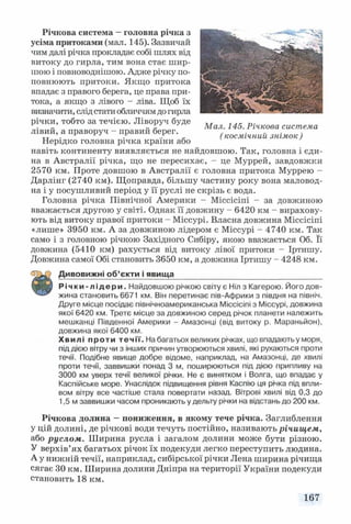Річкова система —головна річка з
усіма притоками (мал. 145). Зазвичай
чим далі річка прокладає собі шлях від
витоку до гирла, тим вона стає шир­
шою і повноводнішою. Адже річку по­
повнюють притоки. Якщо притока
впадає з правого берега, це права при­
тока, а якщо з лівого - ліва. Щоб їх
визначити, слід стати обличчям до гирла
річки, тобто за течією. Ліворуч буде
лівий, а праворуч - правий берег.
Нерідко головна річка країни або
навіть континенту виявляється не найдовшою. Так, головна і єди­
на в Австралії річка, що не пересихає, - це Муррей, завдовжки
2570 км. Проте довшою в Австралії є головна притока Муррею -
Дарлінг (2740 км). Щоправда, більшу частину року вона маловод­
на і у посушливий період у її руслі не скрізь є вода.
Головна річка Північної Америки - Міссісіпі - за довжиною
вважається другою у світі. Однак її довжину - 6420 км - вирахову­
ють від витоку правої притоки - Міссурі. Власна довжина Міссісіпі
«лише» 3950 км. А за довжиною лідером є Міссурі - 4740 км. Так
само і з головною річкою Західного Сибіру, якою вважається Об. Її
довжина (5410 км) рахується від витоку лівої притоки - Іртишу.
Довжина самої Обі становить 3650 км, а довжина Іртишу - 4248 км.
Д ивовижні об’єкти і явища__________________________________
У н ю Річки-л і д е р и . Найдовшою річкою світу є Ніл з Кагерою. Йогодов-
жина становить 6671 км. Він перетинає пів-Африки з півдня на північ.
Друге місце посідає північноамериканська Міссісіпі з Міссурі, довжина
якої 6420 км. Третє місце за довжиною серед річок планети належить
мешканці Південної Америки - Амазонці (від витоку р. Мараньйон),
довжина якої 6400 км.
Хвилі проти течії. На багатьох великих річках, що впадають у моря,
під дією вітру чи з інших причин утворюються хвилі, які рухаються проти
течії. Подібне явище добре відоме, наприклад, на Амазонці, де хвилі
проти течії, заввишки понад 3 м, поширюються під дією припливу на
3000 км уверх течії великої річки. Не є винятком і Волга, що впадає у
Каспійське море. Унаслідок підвищення рівня Каспію ця річка під впли­
вом вітру все частіше стала повертати назад. Вітрові хвилі від 0,3 до
1,5 м заввишки часом проникають у дельту річки на відстань до 200 км.
Річкова долина —пониження, в якому тече річка. Заглиблення
Уцій долині, де річкові води течуть постійно, називають річищем,
або руслом. Ш ирина русла і загалом долини може бути різною.
У верхів’ях багатьох річок їх подекуди легко переступить людина.
А у нижній течії, наприклад, сибірської річки Лена ширина річища
сягає ЗО км. Ширина долини Дніпра на території України подекуди
становить 18 км.
Мал. 145. Річкова система
( космічний знімок)
167
 