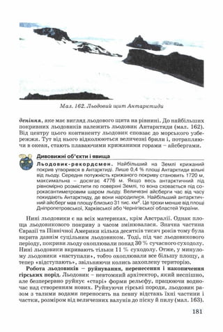 Мал. 162. Льодовий щит Антарктиди
деніння, яке має вигляд льодового щита на рівнині. До найбільших
покривних льодовиків належить льодовик Антарктиди (мал. 162).
Від центру цього континенту льодовик сповзає до морського узбе­
режжя. Тут від нього відколюються величезні брили і, потрапляю­
чи в океан, стають плаваючими крижаними горами - айсбергами.
Дивовижні об ’єкти і явища__________________________________
Щт® Л ь о д о в и к - р е к о р д с м е н . Найбільший на Землі крижаний
покрив утворився в Антарктиді. Лише 0,4 % площі Антарктиди вільні
від льоду. Середня потужність крижаного покриву становить 1720 м,
максимальна - досягає 4776 м. Якщо весь антарктичний лід
рівномірно розмістити по поверхні Землі, то вона сховається під со-
рокасантиметровим шаром льоду. Величезні айсберги час від часу
покидають Антарктиду, де вони народилися. Найбільший антарктич­
ний айсберг мав площу близько 31 тис. км2. Це трохи менше від площі
Дніпропетровської, Харківської або Чернігівської областей України.
Нині льодовики є на всіх материках, крім Австралії. Однак пло­
ща льодовикового покриву з часом змінювалася. Значна частина
Євразії та Північної Америки кілька десятків тисяч років тому була
вкрита давнім суцільним льодовиком. Тоді, під час льодовикового
періоду, покриви льоду охоплювали понад ЗО% сучасного суходолу.
Нині льодовики вкривають тільки 11 % суходолу. Отже, у минуло­
му льодовики «наступали», тобто охоплювали все більшу площу, а
тепер «відступають», звільняючи колись захоплену територію.
Робота льодовиків — руйнування, перенесення і накопичення
гірських порід. Льодовик - невтомний архітектор, який неспішно,
але безперервно руйнує «старі» форми рельєфу, працюючи водно­
час над створенням нових. Руйнуючи гірські породи, льодовик ра­
зом з талими водами переносить на певну відстань їхні частини і
частки, розміром від величезних валунів до піску й пилу (мал. 163).
 