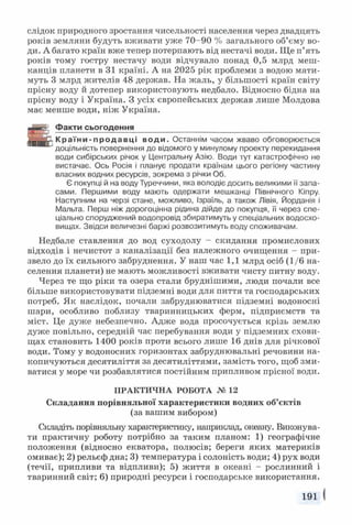 слідок природного зростання чисельності населення через двадцять
років земляни будуть вживати уже 70-90 % загального об’єму во­
ди. А багато країн вже тепер потерпають від нестачі води. Ще п’ять
років тому гостру нестачу води відчувало понад 0,5 млрд меш­
канців планети в 31 країні. А на 2025 рік проблеми з водою мати­
муть 3 млрд жителів 48 держав. На жаль, у більшості країн світу
прісну воду й дотепер використовують недбало. Відносно бідна на
прісну воду і Україна. З усіх європейських держав лише Молдова
має менше води, ніж Україна.
Факти сьогодення___________________________________________
- т я г г К р а ї н и - п р о д а в ц і в о д и . Останнім часом жваво обговорюється
доцільність повернення до відомого у минулому проекту перекидання
води сибірських річок у Центральну Азію. Води тут катастрофічно не
вистачає. Ось Росія і планує продати країнам цього регіону частину
власних водних ресурсів, зокрема з річки Об.
Є покупці й на воду Туреччини, яка володіє досить великими її запа­
сами. Першими воду мають одержати мешканці Північного Кіпру.
Наступним на черзі стане, можливо, Ізраїль, а також Лівія, Йорданія і
Мальта. Перш ніж дорогоцінна рідина дійде до покупця, її через спе­
ціально споруджений водопровід збиратимуть у спеціальних водосхо­
вищах. Звідси величезні баржі розвозитимуть воду споживачам.
Недбале ставлення до вод суходолу - скидання промислових
відходів і нечистот з каналізації без належного очищення - при­
звело до їх сильного забруднення. У наш час 1,1 млрд осіб (1/6 на­
селення планети) не мають можливості вживати чисту питну воду.
Через те що ріки та озера стали бруднішими, люди почали все
більше використовувати підземні води для пиття та господарських
потреб. Як наслідок, почали забруднюватися підземні водоносні
шари, особливо поблизу тваринницьких ферм, підприємств та
міст. Це дуже небезпечно. Адже вода просочується крізь землю
дуже повільно, середній час перебування води у підземних схови­
щах становить 1400 років проти всього лише 16 днів для річкової
води. Тому у водоносних горизонтах забруднювальні речовини на­
копичуються десятиліття за десятиліттями, замість того, щоб зми­
ватися у море чи розбавлятися постійним припливом прісної води.
ПРАКТИЧНА РОБОТА № 12
Складання порівняльної характеристики водних об’єктів
(за вашим вибором)
Складіть порівняльну характеристику, наприклад, океану. Виконува­
ти практичну роботу потрібно за таким планом: 1) географічне
положення (відносно екватора, полюсів; береги яких материків
омиває); 2) рельєф дна; 3) температура і солоність води; 4) рух води
(течії, припливи та відпливи); 5) життя в океані - рослинний і
тваринний світ; 6) природні ресурси і господарське використання.
191 |
 