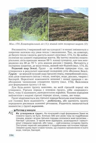 Мал. 174. Екваторіальний ліс (1); живий світ полярних широт (2)
Рослинність і тваринний світ на суходолі і в океані змінюється з
широтою залежно від умов тепла і зволоження. Так, на екваторі,
де багато тепла і вологи, ростуть вологі ліси (мал. 174, 1). Це найза-
селеніше на планеті середовище життя. На частку вологих еквато­
ріальних лісів припадає менше 10 % площі суходолу, але там зосе­
реджено від 50 до 70 % усіх земних рослин і тварин. Натомість у
полярних широтах, де мало тепла, живий світ бідний (мал. 174, 2).
Родючий шар Землі. Ґрунт - це особливе природне тіло, що
утворилося в результаті взаємодії складових усіх оболонок Землі.
Ґрунт - це верхній пухкий шар гірських порід, перероблений спіль­
ною дією сонячного світла і тепла, повітря, води, рослин, тварин і
бактерій. Перелічені компоненти неживої і живої природи є не­
обхідними чинниками утворення ґрунту (мал. 175). Важливим
для формування ґрунту є й час.
Для будь-якого ґрунту важливо, на якій гірській породі він
утворився. Гірська порода є основою ґрунту, ніби «народжує»
його, тому її називають материнською породою. Такими породами
найчастіше є осадові гірські породи: пісок, глина, лес тощо.
Ґрунт відрізняється від гірської породи багатьма властивостями,
але головна його відмінність - родючість, або здатність ґрунту
передавати рослинам поживні речовини. Родючість визначається
наявністю у ґрунті перегною.
^ ^ П о г л я д у минуле_____________________________________________
Як у т в о р и в с я ґрунт. На початковій стадії формування Землі як
планети ґрунту не було. Близько 500 млн років тому на подрібнених
сонцем, водою і вітром гірських породах оселилися живі організми -
бактерії і рослини. З часом вони відмирали, розкладалися і врешті-
решт створили перегній, або гумус, - найголовнішу складову ґрунту.
Поступово перегній змішувався з подрібненими часточками породи.
Завдяки цьому ґрунт ставав пухким, що сприяло проникненню в нього
води, повітря, бактерій.
194
 