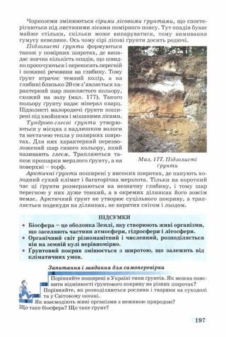 Чорноземи змінюються сірими лісовими ґрунтами, що спосте­
рігаються під листяними лісами помірного поясу. Тут опадів буває
майже стільки, скільки може випаруватися, тому вимивання
гумусу невелике. Ось чому сірі лісові ґрунти досить родючі.
Підзолисті ґрунти формуються -------------------
також у помірних широтах, де випа­
дає значна кількість опадів, що швид­
ко просочуються і переносять перегній
і поживні речовини на глибину. Тому
ґрунт втрачає темний колір, а на
глибині близько 20 см з’являється ха­
рактерний шар попелястого кольору,
схожий на золу (мал. 177). Такого
кольору ґрунту надає мінерал кварц.
Підзолисті малородючі ґрунти поши­
рені під хвойними і мішаними лісами.
Тундрово-глеєві ґрунти утворю­
ються у місцях з надлишком вологи
та нестачею тепла у полярних широ­
тах. Для них характерний перезво­
ложений шар сизого кольору, який
називають глеєм. Трапляються та­
кож прошарки мерзлого ґрунту, а на Мал. 1 77. Підзолисті
поверхні - торф. ґрунти
Арктичні ґрунти поширені у високих широтах, де панують хо­
лодний сухий клімат і багаторічна мерзлота. Тільки на короткий
час ці ґрунти розмерзаються на незначну глибину, і тому шар
перегною у них дуже тонкий, а в окремих ділянках його зовсім
немає. Арктичний ґрунт не утворює суцільного покриву, а трап­
ляється подекуди на ділянках, не вкритих снігом і льодом.
ПІДСУМКИ
о Біосфера —це оболонка Землі, яку створюють живі організми,
що заселяють частини атмосфери, гідросфери і літосфери.
«> Органічний світ різноманітний і численний, розподіляється
він на земній кулі нерівномірно.
• Ґрунтовий покрив змінюється з широтою, що залежить від
кліматичних умов.
Запитання і завдання для самоперевірки
Порівняйте поширені в Україні типи ґрунтів. Як можна пояс­
нити відмінності ґрунтового покриву на різних широтах?
Порівняйте, як розподіляються рослини і тварини на суходолі
та у Світовому океані.
взаємодіють живі організми з неживою природою?
Що таке біосфера? Що таке ґрунт?
197
 
