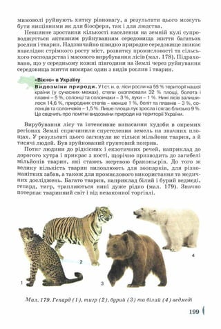 мимоволі руйнують хитку рівновагу, а результати цього можуть
бути нищівними як для біосфери, так і для людства.
Невпинне зростання кількості населення на земній кулі супро­
воджується активним руйнуванням середовища життя багатьох
рослин і тварин. Надзвичайно швидко природне середовище зникає
внаслідок стрімкого росту міст, розвитку промисловості та сільсь­
кого господарства і масового вирубування лісів (мал. 178). Підрахо­
вано, що у середньому кожні півгодини на Землі через руйнування
середовища життя вимирає один з видів рослин і тварин.
«Вікно» в Україну
В и д о з м ін и п р и р о д и . УІ ст. н. е. ліси росли на 55 % території нашої
країни (у сучасних межах), степи охоплювали 32 % площі, болота і
плавні - 5 %, солонці та солончаки - 3 %, луки - 1 %. Нині лісів залиши­
лося 14,6 %, природних степів - менше 1 %, боліт та плавнів - 3 %, со­
лонців та солончаків - 1,5 %. Лише площа лук зросла і сягає близько 9 %.
Це свідчить про помітні видозміни природи на території України.
Вирубування лісу та інтенсивне випасання худоби в окремих
регіонах Землі спричинили спустелення земель на значних пло­
щах. У результаті цього загинули не тільки мільйони тварин, а й
тисячі людей. Був зруйнований ґрунтовий покрив.
Потяг людини до рідкісних і екзотичних речей, наприклад до
дорогого хутра і прикрас з кості, щорічно призводить до загибелі
мільйонів тварин, які стають жертвою браконьєрів. До того ж
велику кількість тварин виловлюють для зоопарків, для різно­
манітних забав, а також для промислового використання та медич­
них досліджень. Багато тварин, наприклад білий і бурий ведмеді,
гепард, тигр, трапляються нині дуже рідко (мал. 179). Значно
потерпає тваринний світ і від незаконної торгівлі.
Мал. 179. Гепард ( І ), тигр (2), бурий (3) та білий (4) ведмеді
199 {
 