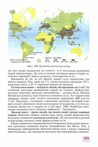 С^н-Франциско
Чикаго
Лос-Анджелес
Мехіко
«Москва
# "Нью-Йорк
Філаделфія
Рейн-Рур
S
.Маніла
•Ріо-де-Жанейро
■Ьан-Паулу
•Буенос-Айрес
• Міста з населенням І І
понад 5 млн осіб (1990) 0-25
W 4•Джакарта ^ ^
Осіб на 1 км2(1985)
І I I I ШЙИ
70-130 130-520 520-1500 1500- 2600+
Мал. 188. Густота населення світу
ки такі умови неоднакові на планеті, то й населення розміщене
вкрай нерівномірно. До того ж велике значення мають історія за­
селення території і рівень розвитку господарства та ін.
Зважаючи на це, не всі області земної кулі сприятливі для
життя людини. Так, лише на 7 % площі суходолу проживає 70 %
населення світу, а 37 % території взагалі не заселені.
Густота населення —кількість людей, що проживає на 1 км2. Це
головний показник розміщення людей на планеті. Найгустіше
заселені території давнього землеробства - долина Нілу, Велика
Китайська рівнина, Індо-Гангська низовина та ін. Тут сприятливі
природні умови, тому густота населення перевищує 300 осіб на
1 км2. Водночас у полярних і тропічних пустелях, де вкрай суво­
рий клімат і обмежені умови для ведення господарства, густота на­
селення менше як 1 людина на 1 км2 (мал. 188). Найбільш насе­
леною частиною світу є Європа, найменше - Австралія.
Людські раси —групи людей, що мають певні спільні зовнішні
ознаки. Зовнішні ознаки, якими одна група людей відрізняється
від іншої, називають расовими ознаками. До них належать різний
колір шкіри, волосся, очей, форма голови та ін.
Расові ознаки не є випадковими й утворилися дуже давно внаслі­
док заселення людиною різних географічних зон Землі. Так, у
мешканців найжаркіших областей земної кулі з часом з’явилися
пристосування, що захищали організм від перегрівання сонячни­
213
 