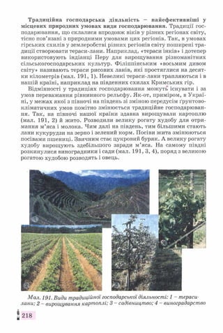 Традиційна господарська діяльність — найефективніші у
місцевих природних умовах види господарювання. Традиції гос­
подарювання, що склалися впродовж віків у різних регіонах світу,
тісно пов’язані з природними умовами цих регіонів. Так, в умовах
гірських схилів у землеробстві різних регіонів світу поширені тра­
диції створювати тераси-лани. Наприклад, «тераси інків» і дотепер
використовують індіанці Перу для вирощування різноманітних
сільськогосподарських культур. Філіппінським «восьмим дивом
світу» називають тераси рисових ланів, які простяглися на десят­
ки кілометрів (мал. 191, 1). Невеликі тераси-лани трапляються і в
нашій країні, наприклад на південних схилах Кримських гір.
Відмінності у традиціях господарювання можуть існувати і за
умов переважання рівнинного рельєфу. Як-от, приміром, в Украї­
ні, у межах якої з півночі на південь зі зміною передусім ґрунтово-
кліматичних умов помітно змінюється традиційне господарюван­
ня. Так, на півночі нашої країни здавна вирощували картоплю
(мал. 191, 2) й жито. Розводили велику рогату худобу для отри­
мання м’яса і молока. Чим далі на південь, тим більшими стають
лани кукурудзи на зерно і зелений корм. Посіви жита змінюються
посівами пшениці. Звичним стає цукровий буряк. А велику рогату
худобу вирощують здебільшого заради м’яса. На самому півдні
розкинулися виноградники і сади (мал. 191,3, 4), поряд з великою
рогатою худобою розводять і овець.
Мал. 191. Види традиційної господарської діяльності: 1 - тераси-
лани; 2 - вирощування картоплі; 3 - садівництво; 4 - виноградарство
І 218
 