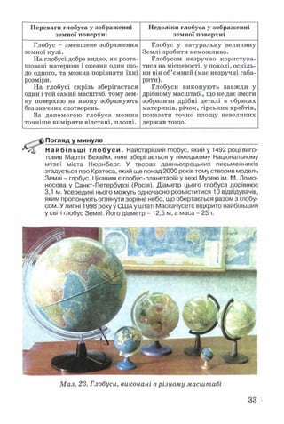 Переваги глобуса у зображенні
земної поверхні
Недоліки глобуса у зображенні
земної поверхні
Глобус - зменшене зображення
земної кулі.
На глобусі добре видно, як розта­
шовані материки і океани один що­
до одного, та можна порівняти їхні
розміри.
На глобусі скрізь зберігається
один і той самий масштаб, тому зем­
ну поверхню на ньому зображують
без значних спотворень.
За допомогою глобуса можна
точніше виміряти відстані, площі.
Глобус у натуральну величину
Землі зробити неможливо.
Глобусом незручно користува­
тися на місцевості, у поході, оскіль­
ки він об’ємний (має незручні габа­
рити).
Глобуси виконують завжди у
дрібному масштабі, що не дає змоги
зобразити дрібні деталі в обрисах
материків, річок, гірських хребтів,
показати точно площу невеликих
держав тощо.
Погляд у минуле
Найбільші глобуси. Найстаріший глобус, який у 1492 році виго­
товив Мартін Бехайм, нині зберігається у німецькому Національному
музеї міста Нюрнберг. У творах давньогрецьких письменників
згадується про Кратеса, який ще понад 2000 років тому створив модель
Землі - глобус. Цікавим є глобус-планетарій у вежі Музею ім. М. Ломо-
носова у Санкт-Петербурзі (Росія). Діаметр цього глобуса дорівнює
3,1 м. Усередині нього можуть одночасно розміститися 10 відвідувачів,
яким пропонують оглянути зоряне небо, що обертається разом з глобу­
сом. У липні 1998 року у США у штаті Массачусетс відкрито найбільший
у світі глобус Землі. Його діаметр - 12,5 м, а маса - 25 т.
Мал. 23. Глобуси, виконані в різному масштабі
33
 