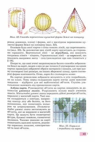 Мал. 32. Способи перенесення кулястої форми Землі на площину
рення довжини, площі і форми, які є наслідком перенесення ку­
лястої форми Землі на площину (мал. 32).
Основою будь-якої карти є сітка тонких ліній, що перетинають­
ся (мал. 33). За допомогою цих ліній карту орієнтують за сторона­
ми горизонту. Вертикальні лінії - це меридіани, які вказують
напрямок північ - південь. Горизонтальні лінії - це паралелі, що
вказують напрямок захід - схід (докладніше про них ітиметься у
§ 18).
Попри те, що нині вчені запропонували багато способів зображен­
ня Землі на карті, жоден з них не дає точного її відтворення: на одних
картах правильно зображені обриси материків і океанів, але при цьо­
му спотворені їхні розміри, на інших збережені площі, проте спотво­
рені форми континентів. Отже, карт без спотворень немає.
На картах неможливо зобразити місцевість в усіх подробицях,
як на плані. Тому перед складанням карти постає дуже важливе
завдання - відібрати для неї найістотніші об’єкти. Ступінь уза­
гальнення залежить від призначення карти.
Азбука карти. Різноманітні об’єкти на картах показують за до­
помогою умовних знаків. Розрізняють кілька видів умовних
знаків. Масштабні умовні знаки передають дійсні розміри об’єктів,
виражені у масштабі карти. Такі зна­
ки складаються з контуру, наприк­
лад контур лісу або болота, та його
заповнення, яке позначають кольо­
ром чи штрихуванням. Позамасш-
табні умовні знаки застосовують до
об’єктів, які не виражені в масштабі
карти. Це можуть бути геометричні
фігури, буквені символи, схематичні
малюнки. Такими знаками на карті
позначають населені пункти, родови­
ща корисних копалин, електростан- Мал. 33. Паралелі
Ції та інші об’єкти. і меридіани на карті
І Р Ж І І 1 .4 і
ІІ
Ьі ив*
1 1 И Я Г 7 Г
ч ' Д О ’М'ІІШ
» •
ж л
в»! т- чш
А «Г<,
ПІНІЯ
—
Вч * ит
■ю
■ ТЗЗШ
шЯ
В ь . . .
ШИЄ--
-  ^ і
ш
і *
ял
гт
шт
шт
Ц І
43
 