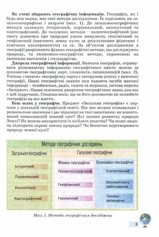 Як учені збирають географічну інформацію. Географія, як і
будь-яка наука, має свої методи дослідження. їх поділяють на за-
гальногеографічні і галузеві (мал. 1). До загальногеографічних
методів належать історичний, порівняльний, екологічний та
картографічний. До галузевих методів - палеогеографічний (дає
змогу дізнатися про природні умови минулого), геохімічний та
геофізичний (вивчають земну кулю за результатами фізичних і
хімічних експериментів) та ін. За об’єктом дослідження в
географії розрізняють фізико-географічні методи, що досліджують
природу, та економіко-географічні методи, спрямовані на
вивчення населення і господарства.
Джерела географічної інформації. Вивчати географію, отриму­
вати різноманітну інформацію географічного змісту можна за
допомогою географічних карт, словників, енциклопедій (мал. 2).
Уміння «читати» географічну карту є запорукою успіху у вивченні
географії. Певні географічні знання нам надають засоби масової
інформації - телебачення, радіо, газети та журнали, світова мережа
«Інтернет». Однак основним джерелом географічних знань для вас
є цей підручник. Сподіваємося, що за його допомогою ви полюбите
географію на все життя.
Ваш шлях у географію. Предмет «Загальна географія» є пер­
шим у шкільній географічній освіті. Він має велике пізнавальне і
розвивальне значення і дає відповіді на такі запитання: як влашто­
ваний навколишній земний світ? Які закони розвитку природи
Землі? Як можна використати їх на благо людства? Чи може люди­
на підкорити окремі явища природи? Чи безпечно перетворювати
природу земної кулі?
Методи географічних дослірень
Загальногеографічні Галузеві географічні
Історичний
Фізико-географічні Економіко-географічні
Палеогеографічний Статистичний
Порівняльний
Екологічний
Картографічний
Геофізичний
Геохімічний
Економічного
районування
Техніко-
економічні
Мал. 1. Методи географічних досліджень
 