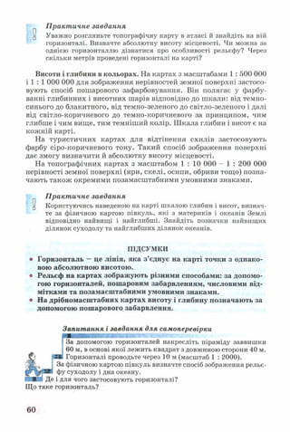 Практичне завдання
и Уважно розгляньте топографічну карту в атласі й знайдіть на ній
горизонталі. Визначте абсолютну висоту місцевості. Чи можна за
однією горизонталлю дізнатися про особливості рельєфу? Через
скільки метрів проведені горизонталі на карті?
Висоти і глибини в кольорах. На картах з масштабами 1 : 500 000
і 1 : 1 000 000 для зображення нерівностей земної поверхні застосо­
вують спосіб пошарового зафарбовування. Він полягає у фарбу­
ванні глибинних і висотних шарів відповідно до шкали: від темно-
синього до блакитного, від темно-зеленого до світло-зеленого і далі
від світло-коричневого до темно-коричневого за принципом, чим
глибше і чим вище, тим темніший колір. Шкала глибин і висот є на
кожній карті.
На туристичних картах для відтінення схилів застосовують
фарбу сіро-коричневого тону. Такий спосіб зображення поверхні
дає змогу визначити й абсолютну висоту місцевості.
На топографічних картах з масштабом 1 : 10 000 - 1 : 200 000
нерівності земної поверхні (яри, скелі, осипи, обриви тощо) позна­
чають також окремими позамасштабними умовними знаками.
Практичне завдання
^ Користуючись наведеною на карті шкалою глибин і висот, визнач­
те за фізичною картою півкуль, які з материків і океанів Землі
відповідно найвищі і найглибші. Знайдіть позначки найвищих
ділянок суходолу та найглибших ділянок океанів.
ПІДСУМКИ
® Горизонталь —це лінія, яка з’єднує на карті точки з однако­
вою абсолютною висотою.
© Рельєф на картах зображують різними способами: за допомо­
гою горизонталей, пошаровим забарвленням, числовими від­
мітками та позамасштабними умовними знаками.
® На дрібномасштабних картах висоту і глибину позначають за
допомогою пошарового забарвлення.
Запитання і завдання для самоперевірки
За допомогою горизонталей накресліть піраміду заввишки
60 м, в основі якої лежить квадрат з довжиною сторони 40 м.
Горизонталі проводьте через 10 м (масштаб 1 : 2000).
За фізичною картою півкуль визначте спосіб зображення рельє­
фу суходолу і дна океану.
Де і для чого застосовують горизонталі?
Що таке горизонталь?
60
 