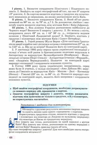 I рівень. 1. Визначте координати Північного і Південного по­
люсів. 2. Знайдіть на карті географічний об’єкт, що має 0° широти
і 0° довготи. 3. За картою визначте відстань у градусах від початко­
вого меридіана до меридіана, на якому розташоване місто Київ.
II рівень. 1. Визначте координати Києва. 2. Який об’єкт розта­
шований на 90° пн. ш. та 79° зх. д.? 3. За допомогою лінійки і мас­
штабу карти визначте відстань між містами Київ і Каїр (Африка).
III рівень. 1. Яка ділянка України розташована найближче до
Чорного моря? Визначте її широту і довготу. 2. Як можна з міста,
координати якого 49° пн. ш. і 44° ЗО' сх. д., потрапити водним
шляхом у Північний Льодовитий океан? 3. Знайдіть відстань у
градусах і кілометрах між містами Київ і Санкт-Петербург.
IV рівень. 1. Герой роману Жуля Верна «Діти капітана Гранта»
після аварії корабля зміг дістатися острова з координатами 37° пд. ш.
та 153° зх. д. Що це за острів? Позначте його на контурній карті.
2. У листопаді 1995 року перша група української експедиції у
складі п’ятьох осіб разом із британськими колегами вирушила в
Антарктиду за маршрутом: Великобританія (Кембридж) - Фолк-
лендські острови (Порт-Стенлі) - Антарктида (станція «Фарадей»,
нині «Академік Вернадський»). Позначте на контурній карті
маршрут експедиції і координати основних пунктів.
3. Улітку 1999 року група українських мандрівників, серед
яких були й учителі, у складі експедиції «Ама Даблам-99» виру­
шила до Гімалаїв за маршрутом: Київ - Москва - Делі - Катманду
(Непал) - Гімалаї (28° пн. ш. та 86° сх. д). Позначте маршрут екс­
педиції на контурній карті, вкажіть його напрямок і координати
основних пунктів.
ПІДСУМКИ
• Щоб знайти географічні координати, необхідно дотримувати­
ся певного порядку дій, працюючи з картою,
о Знаючи географічну широту і довготу, можна визначити
відстань між пунктами не тільки в градусах, а й у кілометрах,
не користуючись масштабом.
Запитання і завдання для самоперевірки
ШШШШШШШШШШШШШШЯШЯШШШШШШШ
І Обговоріть з друзями результати виконання творчих завдань
в гі та оцініть вміння один одного «працювати» з картами.
Користуючись градусною сіткою, визначте відстань у градусах
І і кілометрах від екватора до Лондона по нульовому меридіану;
■ від екватора до Києва по тридцятому меридіану.
Яку широту має точка, розташована на одній паралелі з містом
Київ? Яку довготу має точка, розташована на одному меридіані з
містом Київ? Наведіть приклад такого об’єкта.
Що таке географічна широта і довгота? Для чого необхідно знати геогра­
фічні координати місцевості?
- 68
 