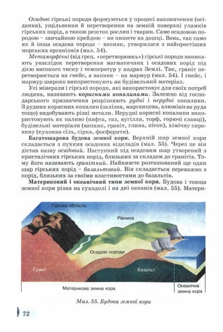 Осадові гірські породи формуються у процесі накопичення (осі­
дання), ущільнення й перетворення на земній поверхні уламків
гірських порід, а також решток рослин і тварин. Саме осадовою по­
родою - звичайною крейдою - ви пишете на дошці. Вона, так само
як й інша осадова порода - вапняк, утворилася з найпростіших
морських організмів (мал. 54).
Метаморфічні (від грец. «перетворююсь») гірські породи виника­
ють унаслідок перетворення магматичних і осадових порід під
дією високого тиску і температур у надрах Землі. Так, граніт пе­
ретворюється на гнейс, а вапняк - на мармур (мал. 54). І гнейс, і
мармур широко використовують як будівельний матеріал.
Усі мінерали і гірські породи, які використовує для своїх потреб
людина, називають корисними копалинами. Залежно від госпо­
дарського призначення розрізняють рудні і нерудні копалини.
З рудних корисних копалин (залізна, марганцева, алюмінієва руда
тощо) видобувають різні метали. Нерудні корисні копалини вико­
ристовують як паливо (нафта, газ, вугілля, торф, горючі сланці),
будівельні матеріали (вапняк, граніт, глина, пісок), хімічну сиро­
вину (кухонна сіль, сірка, фосфорити).
Багатошарова будова земної кори. Верхній шар земної кори
складається з пухких осадових відкладів (мал. 55). Через це він
дістав назву осадовий. Наступний під осадовим шар утворений з
кристалічних гірських порід, близьких за складом до гранітів. То­
му його називають гранітний. Найнижче розташований ще один
шар гірських порід - базальтовий. Він складається переважно з
порід, близьких за своїми властивостями до базальтів.
Материковий і океанічний типи земної кори. Будова і товща
земної кори різна на суходолі і на дні океанів (мал. 55). Матери-
Гірська область
Мал. 55. Будова земної кори
} 72
Материкова земна кора
 
