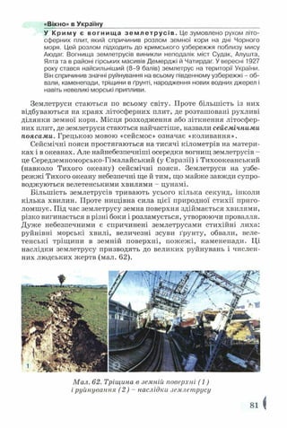 «Вікно» в Україну
У Криму є вогнища зе млетрусів. Це зумовлено рухом літо­
сферних плит, який спричинив розлом земної кори на дні Чорного
моря. Цей розлом підходить до кримського узбережжя поблизу мису
Аюдаг. Вогнища землетрусів виникли неподалік міст Судак, Алушта,
Ялта та в районі гірських масивів Демерджі й Чатирдаг. У вересні 1927
року стався найсильніший (8-9 балів) землетрус на території України.
Він спричинив значні руйнування на всьому південному узбережжі - об­
вали, каменепади, тріщини в ґрунті, народження нових водних джерел і
навіть невеликі морські припливи.
Землетруси стаються по всьому світу. Проте більшість із них
відбуваються на краях літосферних плит, де розташовані рухливі
ділянки земної кори. Місця розходження або зіткнення літосфер­
них плит, де землетруси стаються найчастіше, назвали сейсмічними
поясами. Грецькою мовою «сейсмос» означає «коливання».
Сейсмічні пояси простягаються на тисячі кілометрів на матери­
ках і в океанах. Але найнебезпечніші осередки вогнищ землетрусів -
це Середземноморсько-Гімалайський (у Євразії) і Тихоокеанський
(навколо Тихого океану) сейсмічні пояси. Землетруси на узбе­
режжі Тихого океану небезпечні ще й тим, що майже завжди супро­
воджуються велетенськими хвилями - цунамі.
Більшість землетрусів тривають усього кілька секунд, інколи
кілька хвилин. Проте нищівна сила цієї природної стихії приго­
ломшує. Під час землетрусу земна поверхня здіймається хвилями,
різко вигинається в різні боки і розламується, утворюючи провалля.
Дуже небезпечними є спричинені землетрусами стихійні лиха:
руйнівні морські хвилі, величезні зсуви ґрунту, обвали, веле­
тенські тріщини в земній поверхні, пожежі, каменепади. Ці
наслідки землетрусу призводять до великих руйнувань і числен­
них людських жертв (мал. 62).
Мал. 62. Тріщина в земній поверхні (1)
і руйнування (2) - наслідки землетрусу
 