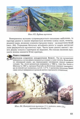 Мал. 63. Будова вулкана
Виверження вулкана супроводжується сильними вибухами, із
кратера разом із лавою виривається вогняна суміш газів, попелу,
водяної пари, великих уламків гірських порід - вулканічних бомб
(мал. 64). Упродовж багатьох мільйонів років із шарів застиглої
лави формуються вулканічні гори. Часто вони досить високі і ма­
ють форму конуса з кратером на вершині. На схилах великих вул­
канів можна виявити бічні кратери.
Наука стверджує____________________________________________
(йІрЖ^Вулкани сприяли зл ед ен інн ю Земл і. Під час вулканічних
вивержень в атмосфері утворюються хмари з газів і попелу. Вони діють
як своєрідний екран, що перешкоджає нагріванню земної поверхні
сонцем. Так, після вулканічних вивержень у 1982 р. гори Ель-Чичон у
Мексиці і в 1991 р. вулкана Пінатубо на Філіппінах середня температу­
ра на земній кулі знизилась на 0,5-1,0 °С. У далекому минулому Землі
саме сильні виверження вулканів могли спричинити зледеніння.
Мал. 64. Виверження вулкана (1); потоки лави (2)
вулканічна бомба (3)
83
 