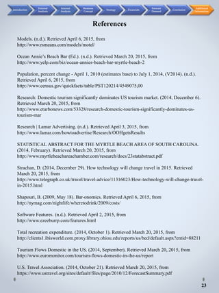 Models. (n.d.). Retrieved April 6, 2015, from
http://www.rsmeans.com/models/motel/
Ocean Annie’s Beach Bar (Ed.). (n.d.). Retrieved March 20, 2015, from
http://www.yelp.com/biz/ocean-annies-beach-bar-myrtle-beach-2
Population, percent change - April 1, 2010 (estimates base) to July 1, 2014, (V2014). (n.d.).
Retrieved April 6, 2015, from
http://www.census.gov/quickfacts/table/PST120214/4549075,00
Research: Domestic tourism significantly dominates US tourism market. (2014, December 6).
Retrieved March 20, 2015, from
http://www.eturbonews.com/53328/research-domestic-tourism-significantly-dominates-us-
tourism-mar
Research | Lamar Advertising. (n.d.). Retrieved April 3, 2015, from
http://www.lamar.com/howtoadvertise/Research/OOHgetsResults
STATISTICAL ABSTRACT FOR THE MYRTLE BEACH AREA OF SOUTH CAROLINA.
(2014, February). Retrieved March 20, 2015, from
http://www.myrtlebeachareachamber.com/research/docs/23statabstract.pdf
Strachan, D. (2014, December 29). How technology will change travel in 2015. Retrieved
March 20, 2015, from
http://www.telegraph.co.uk/travel/travel-advice/11316023/How-technology-will-change-travel-
in-2015.html
Shapouri, B. (2009, May 18). Bar-onomics. Retrieved April 6, 2015, from
http://nymag.com/nightlife/wheretodrink/2009/costs/
Software Features. (n.d.). Retrieved April 2, 2015, from
http://www.ezeeburrp.com/features.html
Total recreation expenditure. (2014, October 1). Retrieved March 20, 2015, from
http://clients1.ibisworld.com.proxy.library.ohiou.edu/reports/us/bed/default.aspx?entid=88211
Tourism Flows Domestic in the US. (2014, September). Retrieved March 20, 2015, from
http://www.euromonitor.com/tourism-flows-domestic-in-the-us/report
U.S. Travel Association. (2014, October 21). Retrieved March 20, 2015, from
https://www.ustravel.org/sites/default/files/page/2010/12/ForecastSummary.pdf
References
23
Introduction
External
Analysis
Internal
Analysis
Business
Concept
Strategy Financials
Forecast
Demand
Conclusion
Additional
Information
 