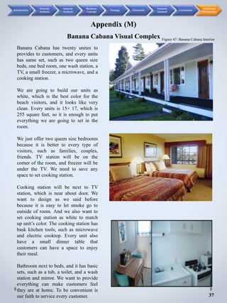 Banana Cabana has twenty unites to
provides to customers, and every units
has same set, such as two queen size
beds, one bed room, one wash station, a
TV, a small freezer, a microwave, and a
cooking station.
We are going to build our units as
white, which is the best color for the
beach visitors, and it looks like very
clean. Every units is 15× 17, which is
255 square feet, so it is enough to put
everything we are going to set in the
room.
We just offer two queen size bedrooms
because it is better to every type of
visitors, such as families, couples,
friends. TV station will be on the
corner of the room, and freezer will be
under the TV. We need to save any
space to set cooking station.
Cooking station will be next to TV
station, which is near about door. We
want to design as we said before
because it is easy to let smoke go to
outside of room. And we also want to
set cooking station as white to match
up unit’s color. The cooking station has
bask kitchen tools, such as microwave
and electric cooktop. Every unit also
have a small dinner table that
customers can have a space to enjoy
their meal.
Bathroom next to beds, and it has basic
sets, such as a tub, a toilet, and a wash
station and mirror. We want to provide
everything can make customers feel
they are at home. To be convenient is
our faith to service every customer. 37
Appendix (M)
Banana Cabana Visual Complex Figure 47: Banana Cabana Interior
Introduction
External
Analysis
Internal
Analysis
Business
Concept
Strategy Financials
Forecast
Demand
Conclusion
Additional
Information
 