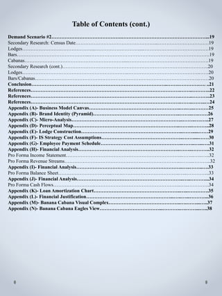 Table of Contents (cont.)
Demand Scenario #2…………………………………….……………………………………………...19
Secondary Research: Census Date…………………………………………...………………………….19
Lodges……………………………………...………………………...………………………………….19
Bars……………………………………...……………………………………………………………….19
Cabanas……………………………………………………....………………………………………….19
Secondary Research (cont.)………………………………………………………………….………….20
Lodges………………………………………………………..…………………………………….……20
Bars/Cabanas……………………………………………………………………………………….……20
Conclusion………………………………………………………………………..…….………….…. ..21
References……………………………………………………………………………….……..………..22
References……………………………………………………………………………….……..………..23
References……………………………………………………………………………….……..……..…24
Appendix (A)- Business Model Canvas………………………………………………..….…..………25
Appendix (B)- Brand Identity (Pyramid)……………………………………………..……..….……26
Appendix (C)- Micro-Analysis…………………………………………………………..……..….…..27
Appendix (D)- Perceptual Map………………………………………………………..……..………..28
Appendix (E)- Lodge Construction……………………………………………………..…….....……29
Appendix (F)- IS Strategy Cost Assumptions…………………………………………..…….....……30
Appendix (G)- Employee Payment Schedule…………………………………………..……..…...….31
Appendix (H)- Financial Analysis……………………………………………………..……..………..32
Pro Forma Income Statement……………………………………………………………..……..…..…..32
Pro Forma Revenue Streams……………………………………………………………..……..………..32
Appendix (I)- Financial Analysis………………………………………………………..…..……..….33
Pro Forma Balance Sheet…………………………...…….……………………………..…..…………..33
Appendix (J)- Financial Analysis………………………………………………………..…..………...34
Pro Forma Cash Flows…………………….……………………………………………..…..………….34
Appendix (K)- Loan Amortization Chart……………………………………………..…..………….35
Appendix (L)- Financial Justification……………………………………………...…..…...………...36
Appendix (M)- Banana Cabana Visual Complex……………………………………..….……...…..37
Appendix (N)- Banana Cabana Eagles View………………………………...………..….……...…..38
 