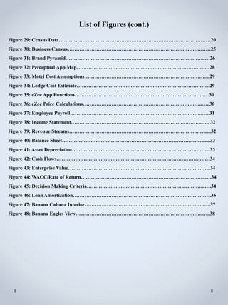 Figure 29: Census Data………………………………………………………………………………20
Figure 30: Business Canvas…………………………………………………………………….……25
Figure 31: Brand Pyramid………………………………………………………………………..…26
Figure 32: Perceptual App Map………………………………………………………………….…28
Figure 33: Motel Cost Assumptions………………………………………………………………...29
Figure 34: Lodge Cost Estimate…………………………………………………………………….29
Figure 35: eZee App Functions…………………………………………………………………......30
Figure 36: eZee Price Calculations……………………………………………………………..…..30
Figure 37: Employee Payroll ………………………………………………………….………..…..31
Figure 38: Income Statement………………………………………………………….………..….. 32
Figure 39: Revenue Streams…………………………………………………………………..…......32
Figure 40: Balance Sheet…………………………………………………………………..…….......33
Figure 41: Asset Depreciation…………………………………………………….………………....33
Figure 42: Cash Flows………………………………………………………………………….……34
Figure 43: Enterprise Value…………………………………………………………….…………...34
Figure 44: WACC/Rate of Return………………………………………………………………..….34
Figure 45: Decision Making Criteria…………………………………………………..………...….34
Figure 46: Loan Amortization……………………………………………………………………….35
Figure 47: Banana Cabana Interior…………………………………………………………….…..37
Figure 48: Banana Eagles View…...…………………………………………………………….…..38
List of Figures (cont.)
 