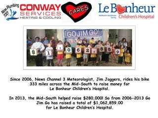 Since 2006, News Channel 3 Meteorologist, Jim Jaggers, rides his bike
333 miles across the Mid-South to raise money for
Le Bonheur Children’s Hospital.
In 2013, the Mid-South helped raise $280,000! So from 2006-2013 Go
Jim Go has raised a total of $1,062,859.00
for Le Bonheur Children’s Hospital.
 