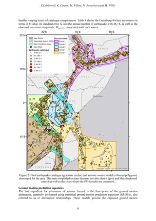Z.Lubkowski, K. Coates, M. Villani, N. Jirouskova and M. Willis
6
handles varying levels of catalogue completeness. Table 4 shows the Gutenberg-Richter parameters in
terms of b-value, its standard error σb and the annual number of earthquake with Mw≥4, as well as the
observed maximum magnitude, Mmax,obs, associated with each source.
Figure 2: Final earthquake catalogue (graduate circles) and seismic source model (coloured polygons)
developed for the area. The main simplified tectonic features are also shown (grey and blue shadowed
zones) as well as the cities where the PSH results are computed.
Ground motion prediction equations
The last ingredient for estimation of seismic hazard is the description of the ground motion
attenuation, generally performed using empirical ground-motion prediction equations (GMPEs), also
referred to as or attenuation relationships. These models provide the expected ground motion
 