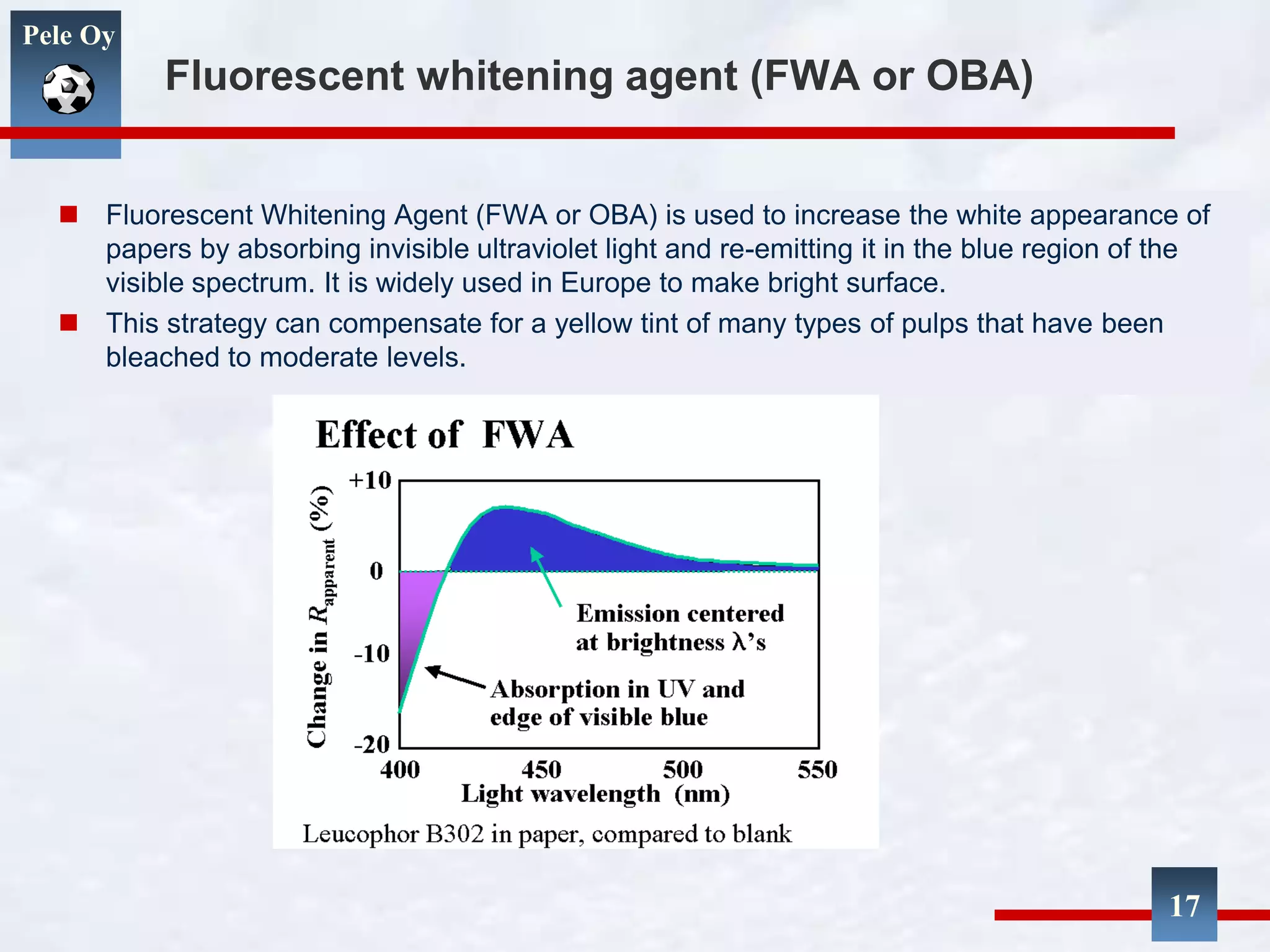 Pele Oy
Fluorescent whitening agent (FWA or OBA)
17
 Fluorescent Whitening Agent (FWA or OBA) is used to increase the white appearance of
papers by absorbing invisible ultraviolet light and re-emitting it in the blue region of the
visible spectrum. It is widely used in Europe to make bright surface.
 This strategy can compensate for a yellow tint of many types of pulps that have been
bleached to moderate levels.
 