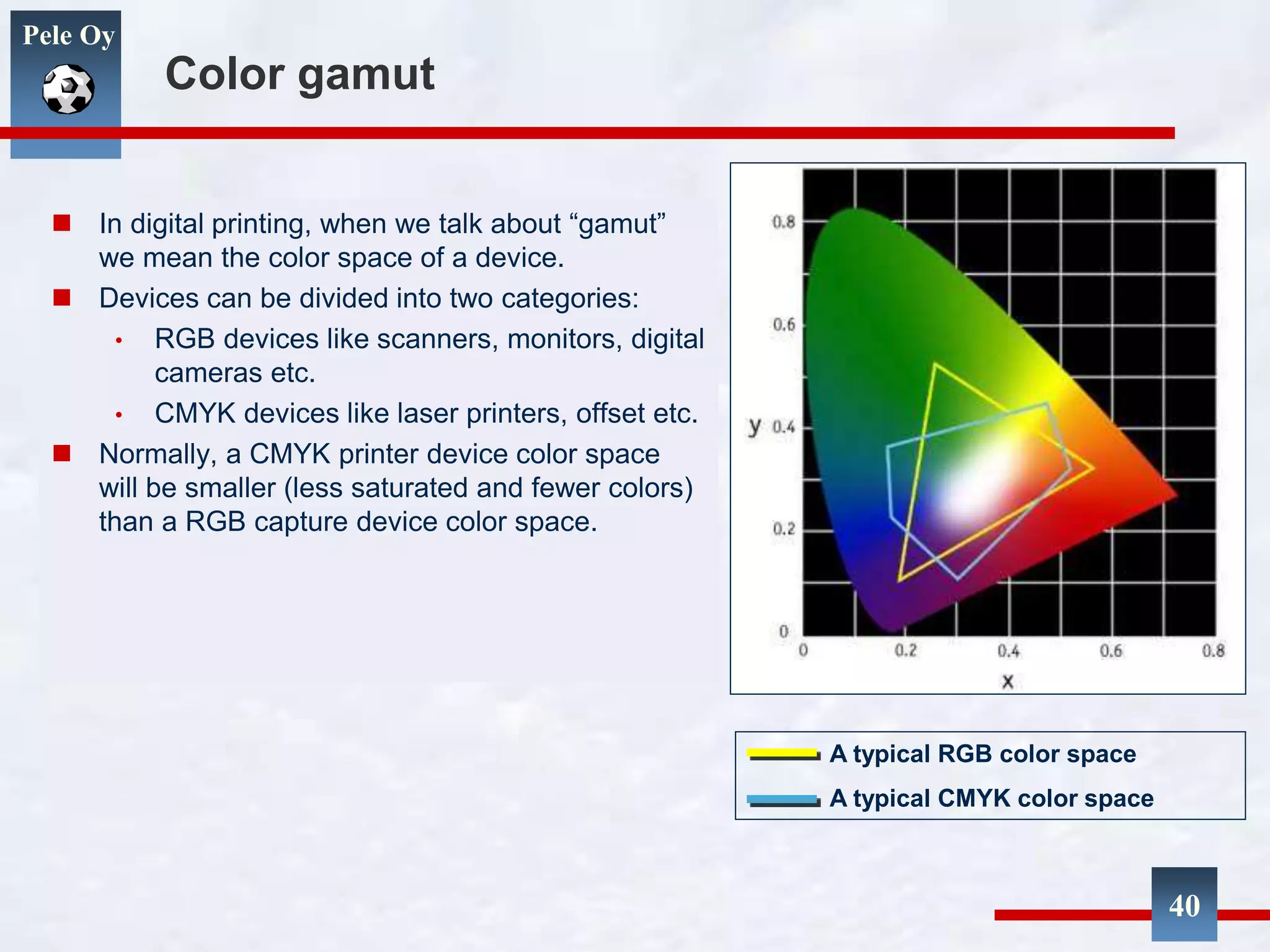 Pele Oy
Color gamut
 In digital printing, when we talk about “gamut”
we mean the color space of a device.
 Devices can be divided into two categories:
• RGB devices like scanners, monitors, digital
cameras etc.
• CMYK devices like laser printers, offset etc.
 Normally, a CMYK printer device color space
will be smaller (less saturated and fewer colors)
than a RGB capture device color space.
A typical RGB color space
A typical CMYK color space
40
 