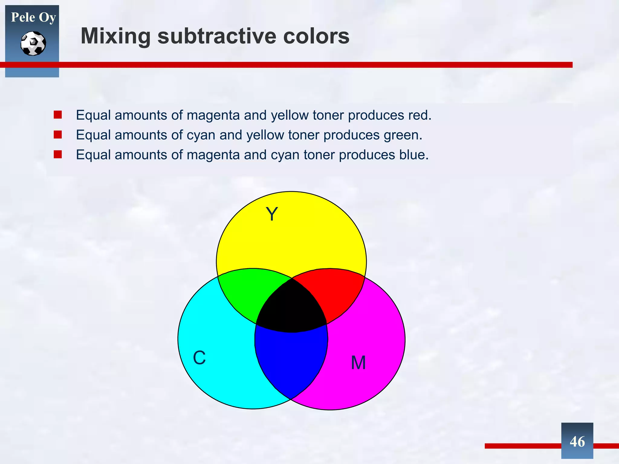 Pele Oy
Mixing subtractive colors
 Equal amounts of magenta and yellow toner produces red.
 Equal amounts of cyan and yellow toner produces green.
 Equal amounts of magenta and cyan toner produces blue.
46
Y
C M
 