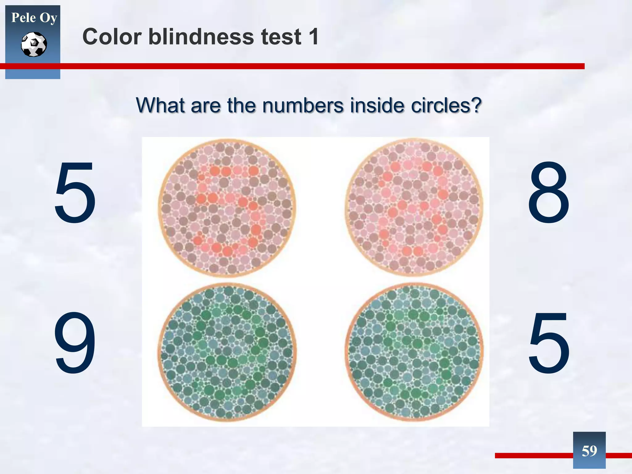 Pele Oy
Color blindness test 1
59
5
5
8
9
What are the numbers inside circles?
 