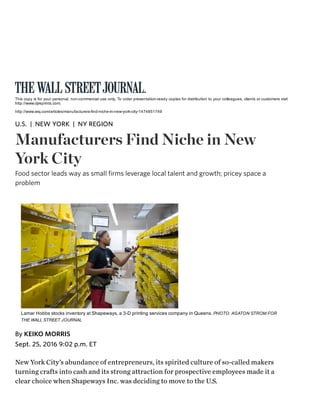 Manufacturers Find Niche in New York City - WSJ