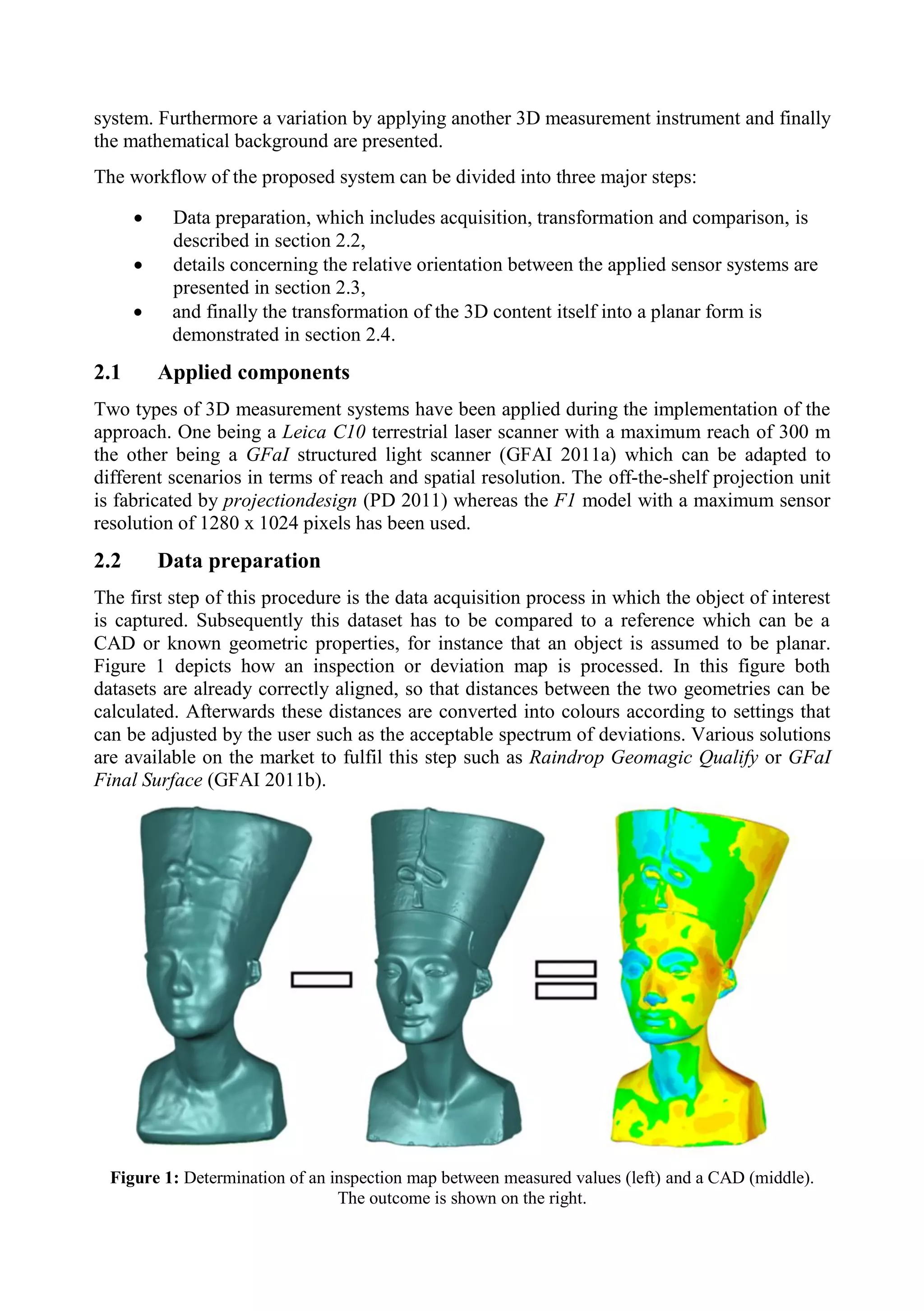 system. Furthermore a variation by applying another 3D measurement instrument and finally
the mathematical background are presented.
The workflow of the proposed system can be divided into three major steps:
 Data preparation, which includes acquisition, transformation and comparison, is
described in section 2.2,
 details concerning the relative orientation between the applied sensor systems are
presented in section 2.3,
 and finally the transformation of the 3D content itself into a planar form is
demonstrated in section 2.4.
2.1 Applied components
Two types of 3D measurement systems have been applied during the implementation of the
approach. One being a Leica C10 terrestrial laser scanner with a maximum reach of 300 m
the other being a GFaI structured light scanner (GFAI 2011a) which can be adapted to
different scenarios in terms of reach and spatial resolution. The off-the-shelf projection unit
is fabricated by projectiondesign (PD 2011) whereas the F1 model with a maximum sensor
resolution of 1280 x 1024 pixels has been used.
2.2 Data preparation
The first step of this procedure is the data acquisition process in which the object of interest
is captured. Subsequently this dataset has to be compared to a reference which can be a
CAD or known geometric properties, for instance that an object is assumed to be planar.
Figure 1 depicts how an inspection or deviation map is processed. In this figure both
datasets are already correctly aligned, so that distances between the two geometries can be
calculated. Afterwards these distances are converted into colours according to settings that
can be adjusted by the user such as the acceptable spectrum of deviations. Various solutions
are available on the market to fulfil this step such as Raindrop Geomagic Qualify or GFaI
Final Surface (GFAI 2011b).
Figure 1: Determination of an inspection map between measured values (left) and a CAD (middle).
The outcome is shown on the right.
 