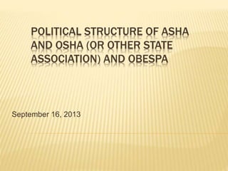 POLITICAL STRUCTURE OF ASHA
AND OSHA (OR OTHER STATE
ASSOCIATION) AND OBESPA
September 16, 2013
 