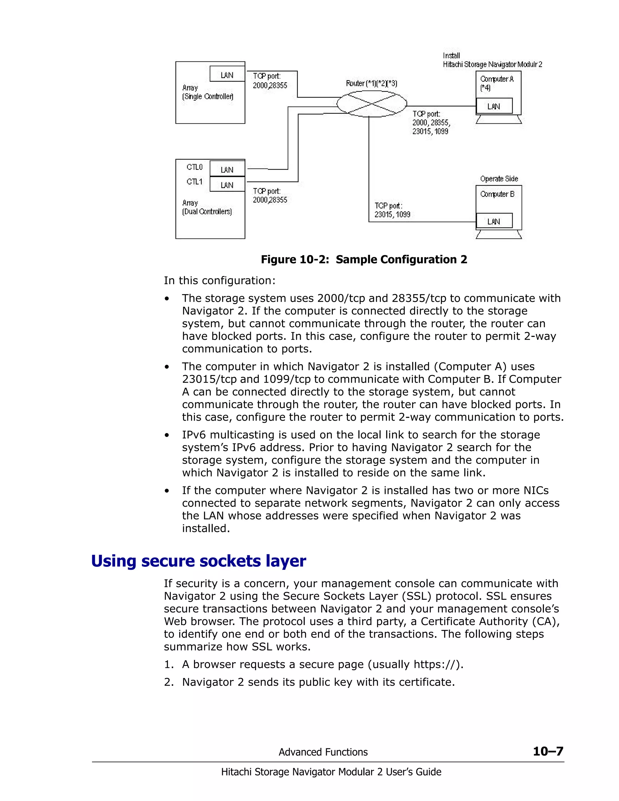 Advanced Functions 10–7
Hitachi Storage Navigator Modular 2 User’s Guide
Figure 10-2: Sample Configuration 2
In this configuration:
• The storage system uses 2000/tcp and 28355/tcp to communicate with
Navigator 2. If the computer is connected directly to the storage
system, but cannot communicate through the router, the router can
have blocked ports. In this case, configure the router to permit 2-way
communication to ports.
• The computer in which Navigator 2 is installed (Computer A) uses
23015/tcp and 1099/tcp to communicate with Computer B. If Computer
A can be connected directly to the storage system, but cannot
communicate through the router, the router can have blocked ports. In
this case, configure the router to permit 2-way communication to ports.
• IPv6 multicasting is used on the local link to search for the storage
system’s IPv6 address. Prior to having Navigator 2 search for the
storage system, configure the storage system and the computer in
which Navigator 2 is installed to reside on the same link.
• If the computer where Navigator 2 is installed has two or more NICs
connected to separate network segments, Navigator 2 can only access
the LAN whose addresses were specified when Navigator 2 was
installed.
Using secure sockets layer
If security is a concern, your management console can communicate with
Navigator 2 using the Secure Sockets Layer (SSL) protocol. SSL ensures
secure transactions between Navigator 2 and your management console’s
Web browser. The protocol uses a third party, a Certificate Authority (CA),
to identify one end or both end of the transactions. The following steps
summarize how SSL works.
1. A browser requests a secure page (usually https://).
2. Navigator 2 sends its public key with its certificate.
 