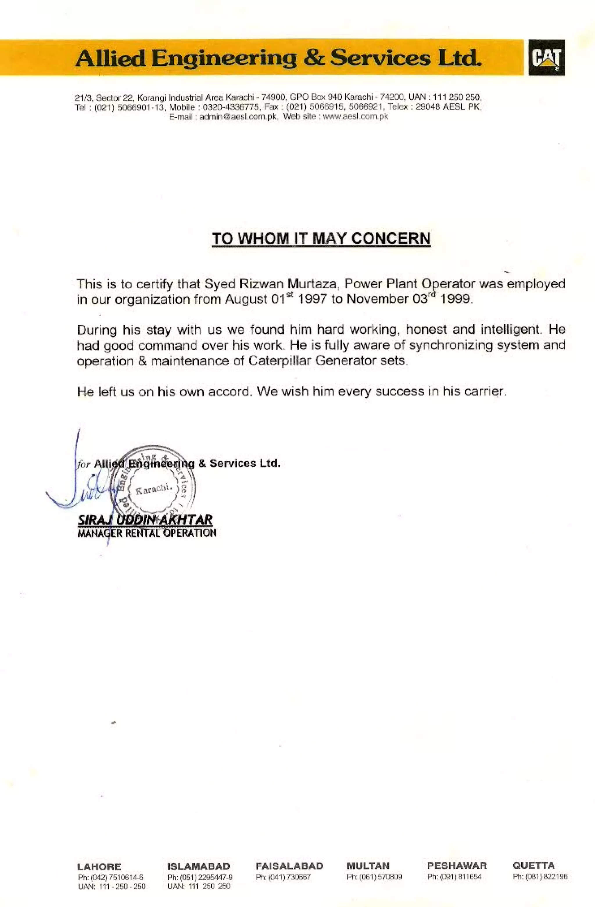 1. Allied Engineering Experiance certificate