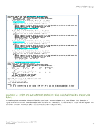 Example-2: Tenant and L2 Extension Between PoDs in an Optimized 5-Stage Clos
Fabric
In this example, we illustrate the extension of a tenant and a Layer 2 segment between racks in two different PoDs. As shown in
Figure 19, tenant VRF vrf101 is extended between these two racks: POD1-leaf1 and POD2-leaf1 dual or vLAG pair. VXLAN segment 2001
is extended across the PoD. VLAN 3901 is provisioned only on the Leaf1 pair in POD1.
IP Fabric Validated Designs
Brocade IP Fabric and Network Virtualization with BGP EVPN
53-1004308-03 101
 