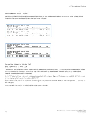 Local Host Entries on Each Leaf/ToR
Depending on the port-channel hashing on server-facing links, the ARP entries may be learned on any of the nodes in the vLAG pair.
Make sure that all host entries are learned collectively in the vLAG pair.
Remote Host Entries in the Extended VLAN
BGP and ARP Table on POD1-Leaf1
The following table shows a BGP entry and ARP entries of the remote hosts behind the POD2-leaf1 pair. Note that the next hop is set to
10.122.2.1, which is the common VTEP IP of the vLAG pair. This causes the redundant leaf to appear as one VTEP in the underlay
network, and load balancing is accomplished.
In the ARP table, both local and remote entries are indicated with different types: "Dynamic" for local entries; and BGP-EVPN for remote
entries, signifying that they were learned over BGP EVPN.
10.107.1.20 and 10.107.1.21 are the local hosts. (Even though 10.107.1.21 is shown as remote, the MAC entry lookup makes it a local host in
the vLAG pair).
10.107.1.30 and 10.107.1.31 are the hosts attached to the POD2-Leaf1 pair.
IP Fabric Validated Designs
Brocade IP Fabric and Network Virtualization with BGP EVPN
110 53-1004308-03
 