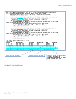 BGP and ARP Table on POD2-Leaf1
IP Fabric Validated Designs
Brocade IP Fabric and Network Virtualization with BGP EVPN
53-1004308-03 111
 