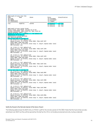 Verify the Route to the Remote Subnet of the Same Tenant
The following table shows the BGP entry on POD2-Leaf1 for the remote subnet of VNI 3901. (Note that the host entries are also
advertised over BGP, but they will be ignored by this leaf as this VNI is not locally provisioned and only routing is desired).
IP Fabric Validated Designs
Brocade IP Fabric and Network Virtualization with BGP EVPN
53-1004308-03 115
 