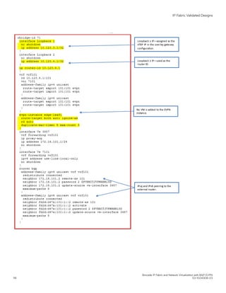 IP Fabric Validated Designs
Brocade IP Fabric and Network Virtualization with BGP EVPN
118 53-1004308-03
 