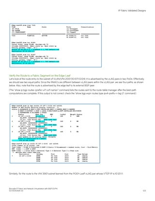 Verify the Route to a Fabric Segment on the Edge Leaf
Let's look at the route entry to the subnet of VLAN/VNI 2001 (10.107.1.0/24). It is advertised by the vLAG pairs in two PoDs. Effectively,
we should see two equal paths. Since the RMACs are different between vLAG peers within the vLAG pair, we see four paths, as shown
below. Also, note that the route is advertised by the edge leaf to its external BGP peer.
(The "show ip bgp routes <prefix> vrf <vrf-name>" command lists the routes sent to the route-table manager after the best-path
computations are complete. If this output is not correct, check the "show bgp evpn routes type ipv4-prefix <> tag 0" command.)
Similarly, for the route to the VNI 3901 subnet learned from the POD1-Leaf1 vLAG pair whose VTEP IP is 10.121.1.1:
IP Fabric Validated Designs
Brocade IP Fabric and Network Virtualization with BGP EVPN
53-1004308-03 123
 
