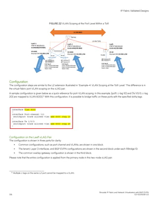 FIGURE 22 VLAN Scoping at the Port Level Within a ToR
Configuration
The configuration steps are similar to the L2 extension illustrated in “Example-4: VLAN Scoping at the ToR Level.” The difference is in
the virtual-fabric port-VLAN scoping on the vLAG pair.
A sample configuration is given below as a quick reference for port-VLAN scoping. In this example, {po111, c-tag 10} and {Te 1/0/3, c-tag
20} are mapped to VLAN 6000.5
With this configuration, it is possible to bridge traffic on these ports with the specified dot1q tags.
Configuration on the Leaf1 vLAG Pair
The configuration is shown in three parts for clarity:
∙ Common configurations, such as port channel and VLANs, are shown in one block.
∙ The tenant, Layer 3 interfaces, and BGP EVPN configurations are shown in the second block under each RBridge ID.
∙ The common overlay-gateway configuration is shown in the third block.
Please note that the entire configuration is applied from the primary node in this two-node vLAG pair.
5 Multiple c-tags on the same L2 port cannot be mapped to a VLAN.
IP Fabric Validated Designs
Brocade IP Fabric and Network Virtualization with BGP EVPN
136 53-1004308-03
 