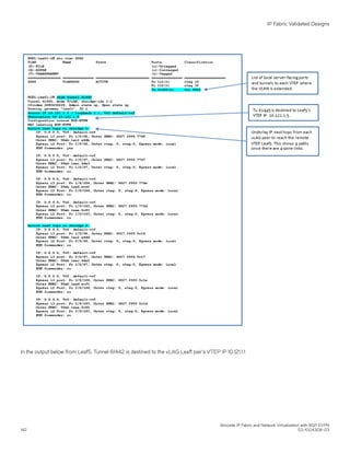 In the output below from Leaf5, Tunnel 61442 is destined to the vLAG Leaf1 pair's VTEP IP 10.121.1.1
IP Fabric Validated Designs
Brocade IP Fabric and Network Virtualization with BGP EVPN
142 53-1004308-03
 