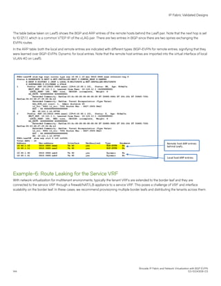 The table below taken on Leaf5 shows the BGP and ARP entries of the remote hosts behind the Leaf1 pair. Note that the next hop is set
to 10.121.1.1, which is a common VTEP IP of the vLAG pair. There are two entries in BGP since there are two spines exchanging the
EVPN routes.
In the ARP table, both the local and remote entries are indicated with different types: BGP-EVPN for remote entries, signifying that they
were learned over BGP-EVPN; Dynamic for local entries. Note that the remote host entries are imported into the virtual interface of local
VLAN 40 on Leaf5.
Example-6: Route Leaking for the Service VRF
With network virtualization for multitenant environments, typically the tenant VRFs are extended to the border leaf and they are
connected to the service VRF through a firewall/NAT/LB appliance to a service VRF. This poses a challenge of VRF and interface
scalability on the border leaf. In these cases, we recommend provisioning multiple border leafs and distributing the tenants across them.
IP Fabric Validated Designs
Brocade IP Fabric and Network Virtualization with BGP EVPN
144 53-1004308-03
 
